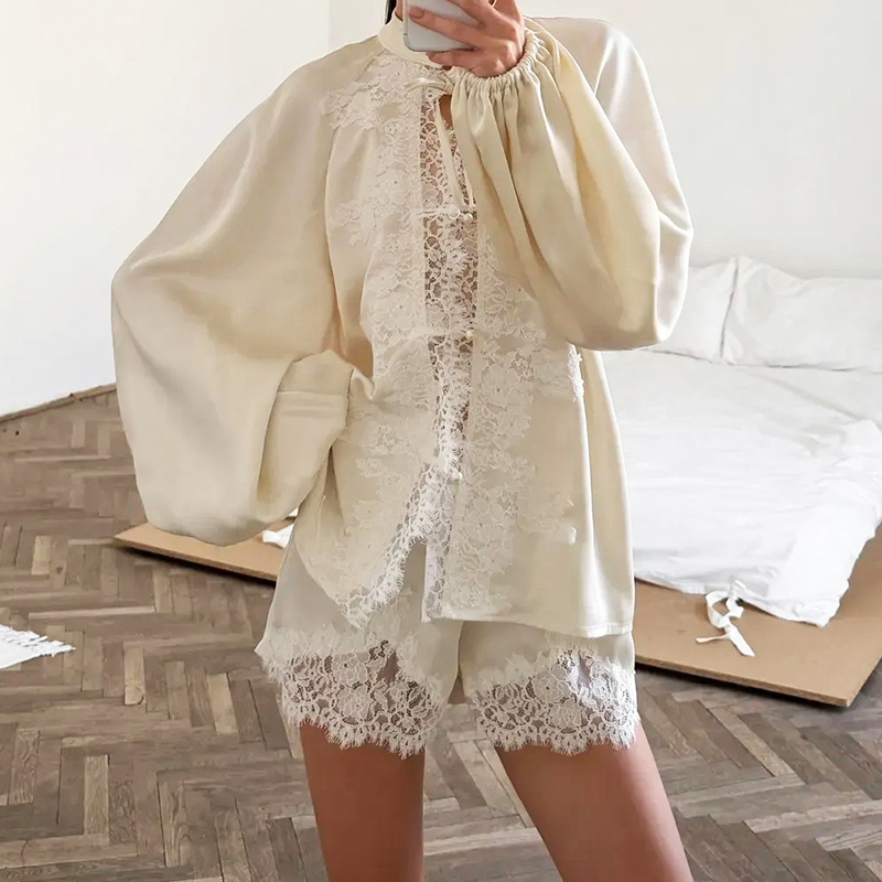 Elastic Lace Trim - Women 2pcs Lace Satin Co-ord Set