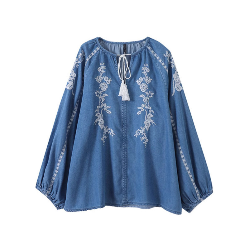 Women Denim Blouse Top Flower  - огляд і ціна Tassel Fringe Trim