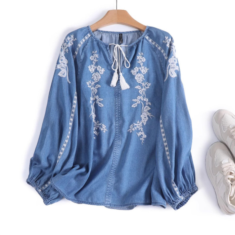 Women Denim Blouse Top Flower  - огляд і ціна Tassel Fringe Trim