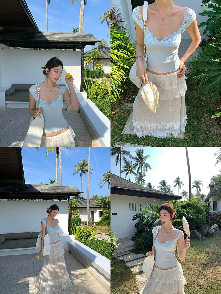 Lace Trim V-Neck Strap Vest Wo - огляд і ціна Elastic Lace Trim